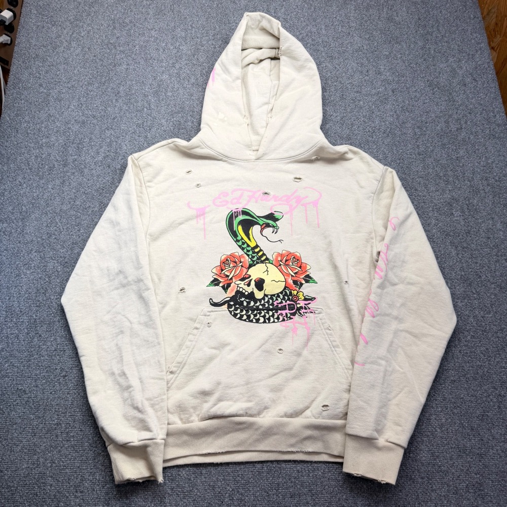 Ed Hardy Mens Distressed Cobra Skull Rose Hoodie Cream Pink MEHBA01301 Size M